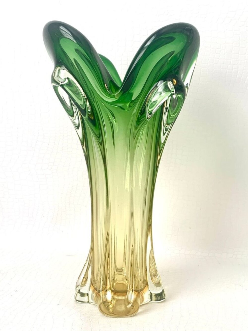 MCM Lorraine Chalet Swung Glass Vase Green Yellow Retro